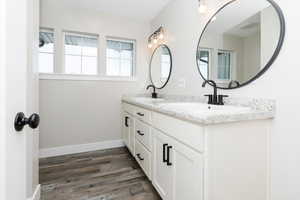 Bathroom with wood-type flooring and vanity