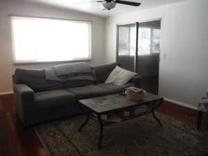 Living room featuring ceiling fan and dark wood-type flooring