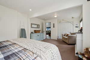 Carpeted bedroom featuring multiple windows and a closet