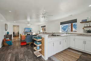 Basement Kitchen with kitchen peninsula, ceiling fan, sink, and white cabinets