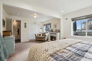 Bedroom featuring carpet flooring, multiple windows, and a closet