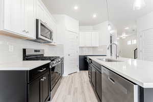 Kitchen with white cabinetry, a sink, stainless steel appliances, light countertops, and dark cabinetry