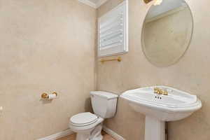 Bathroom featuring toilet and ornamental molding