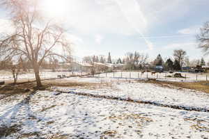 View of yard layered in snow