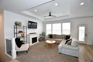 Living room featuring a raised ceiling, ceiling fan, and a healthy amount of sunlight