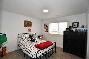 Bedroom featuring dark colored carpet