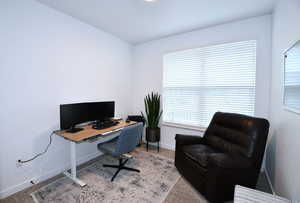 Office area featuring light carpet