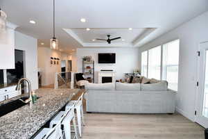 Living room featuring ceiling fan, light hardwood / wood-style floors, a raised ceiling, and sink