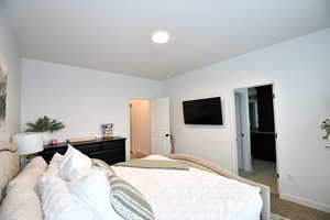 Bedroom featuring light colored carpet