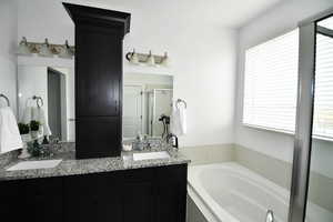 Bathroom with independent shower and bath, vanity, and a healthy amount of sunlight