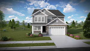 View of front facade with a mountain view, a front yard, and a garage