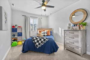 Carpeted bedroom with ceiling fan