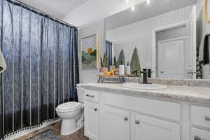 Bathroom with vanity, a shower with shower curtain, and toilet