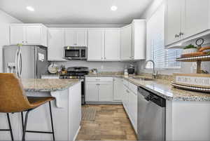 Kitchen with a kitchen breakfast bar, sink, white cabinets, and appliances with stainless steel finishes