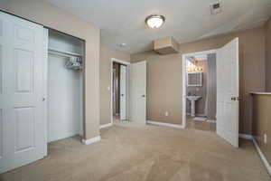 Unfurnished bedroom with sink, ensuite bath, a textured ceiling, light colored carpet, and a closet