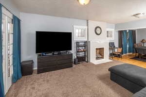 Carpeted living room with a textured ceiling