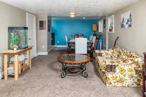 Dining space with carpet floors and a textured ceiling