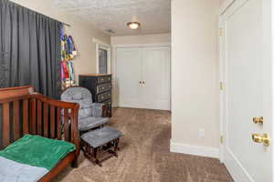 Carpeted bedroom with a textured ceiling and a closet