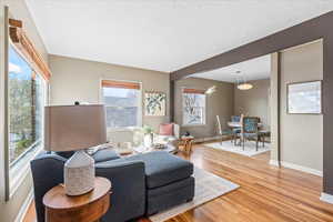 Living room featuring hardwood / wood-style flooring, a textured ceiling, and a wealth of natural light