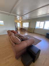 Living room with ceiling fan, plenty of natural light, and light hardwood / wood-style floors