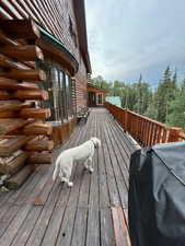 Wooden terrace featuring a grill