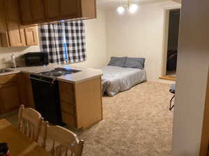 Carpeted bedroom with sink and an inviting chandelier