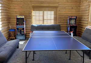 Rec room with carpet floors and rustic walls