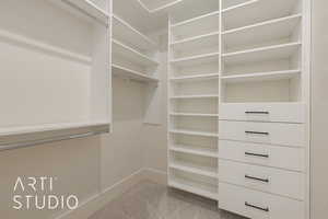 Walk in closet featuring light carpet