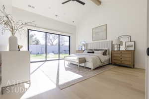 Bedroom with access to outside, ceiling fan, beam ceiling, high vaulted ceiling, and light hardwood / wood-style flooring