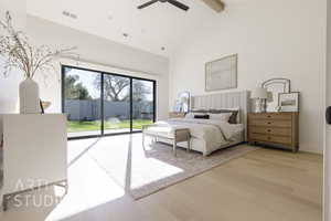 Bedroom featuring access to exterior, ceiling fan, beam ceiling, high vaulted ceiling, and light hardwood / wood-style flooring