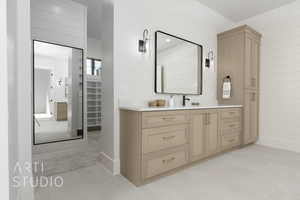 Bathroom with vanity and tile patterned floors