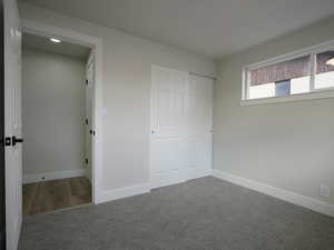 Unfurnished bedroom featuring carpet and a closet