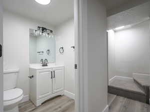 Bathroom with vanity, toilet, and wood-type flooring