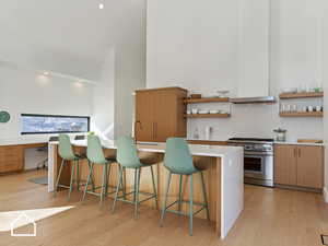 Kitchen with a kitchen breakfast bar, sink, high end stainless steel range oven, and light wood-type flooring