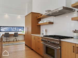 Kitchen featuring stainless steel stove, light hardwood / wood-style flooring, and range hood