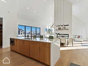 Kitchen with an island with sink, sink, high vaulted ceiling, and light hardwood / wood-style flooring