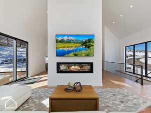 Living room with a wealth of natural light, light hardwood / wood-style flooring, and high vaulted ceiling