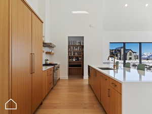 Kitchen featuring high end range, light wood-type flooring, a kitchen island with sink, and sink