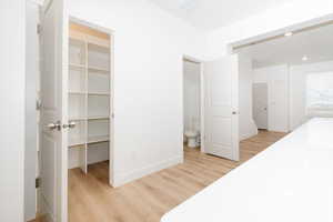 Bedroom featuring a walk in closet, light wood-type flooring, a closet, and connected bathroom