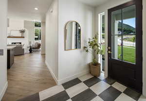 Entrance foyer with light hardwood / wood-style flooring