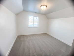 Bonus room with lofted ceiling, a textured ceiling, and carpet