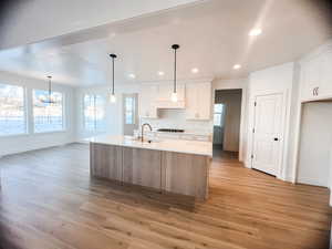 Kitchen with a kitchen island with sink, light wood-type flooring, pendant lighting, white cabinets, and sink