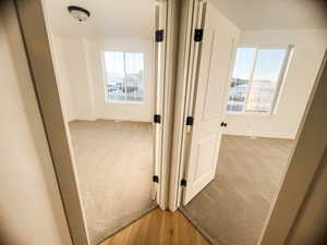 Hall featuring light colored carpet and a healthy amount of sunlight