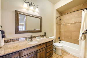 Full bathroom with vanity, backsplash, tile patterned flooring, toilet, and shower / bathtub combination with curtain