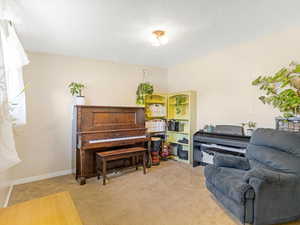 Sitting room with light colored carpet