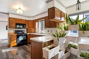 Kitchen featuring kitchen peninsula, ornamental molding, dark wood-type flooring, sink, and black appliances