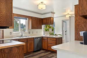 Kitchen with kitchen peninsula, crown molding, sink, dishwasher, and dark hardwood / wood-style floors