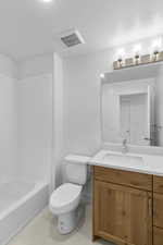 Full bathroom with vanity, tub / shower combination, and toilet