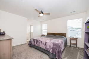 Primary Bedroom with connected bathroom, ceiling fan, carpet, and a textured ceiling