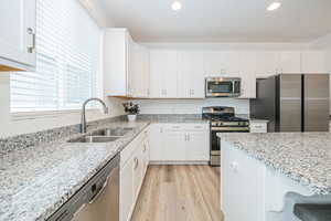 Kitchen with light stone countertops, white cabinetry, sink, and stainless steel appliances